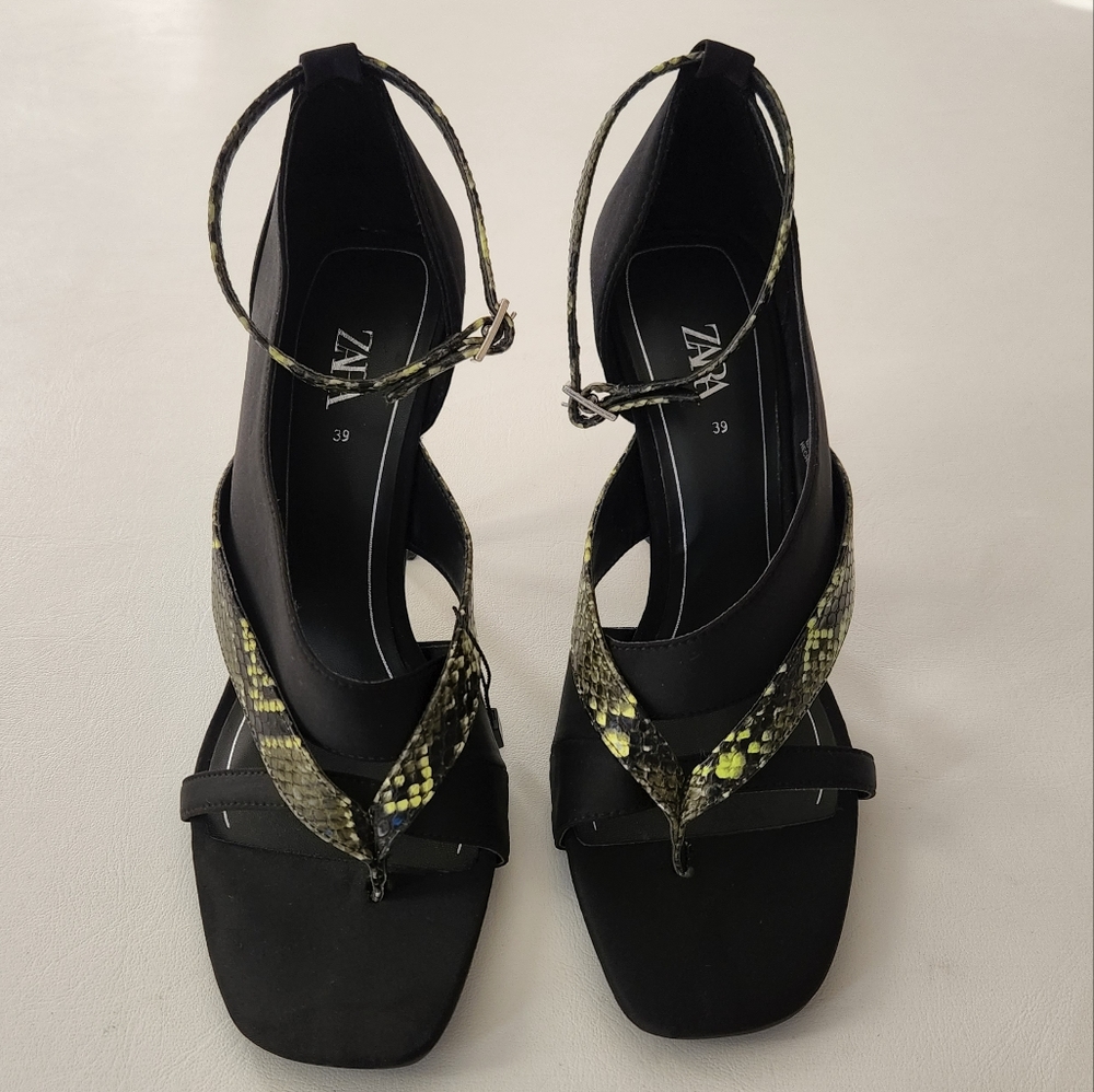 Zara Heeled Sandals features a lime green & black Embossed snakeskin print